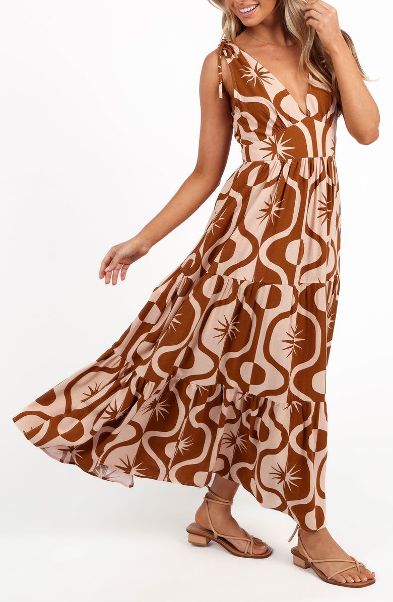 Petal & Pup Zora Sleeveless Tiered Maxi Dress, Alternate, color, Tan Print