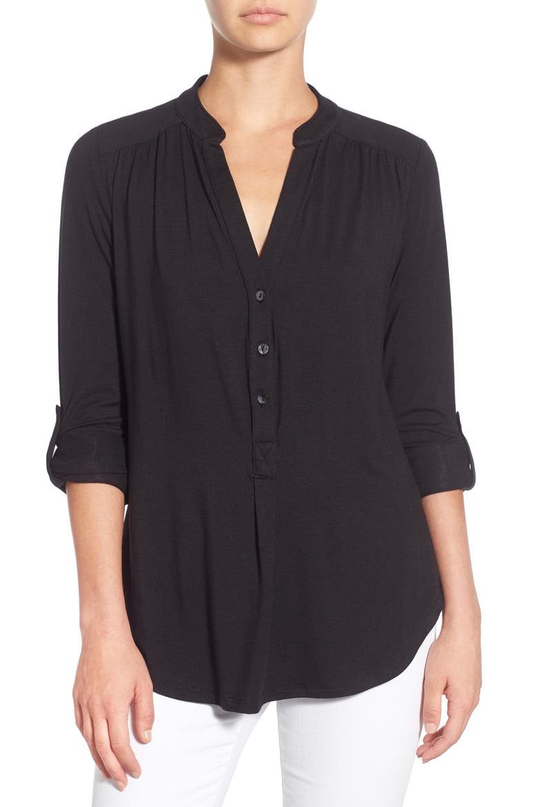 'Elena' Roll Tab Sleeve Top, Main, color, BLACK