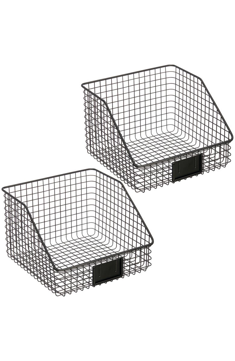 mDesign Metal Open-Front Pantry Basket with Label Plate - Set of 2 - Matte Black, Main, color, Matte Black