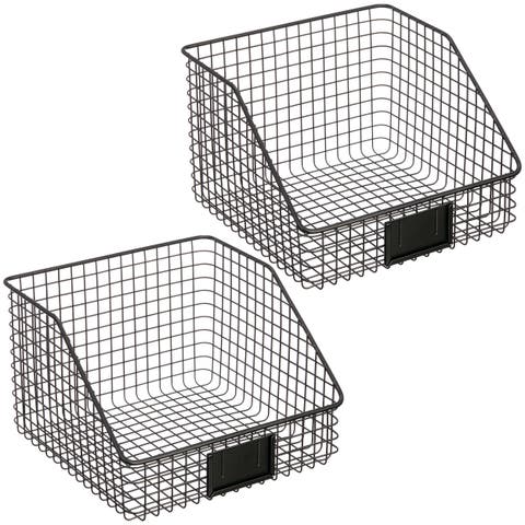 Metal Open-Front Pantry Basket with Label Plate - Set of 2 - Matte Black