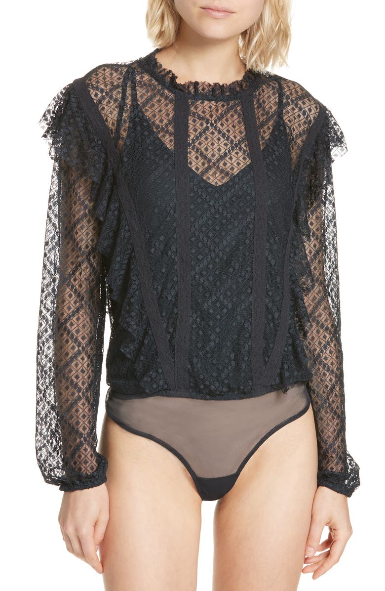 Free People Goldie Long Sleeve Lace Bodysuit, Alternate, color,