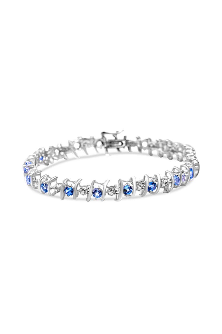 .925 Sterling Silver Lab-Grown Birthstone and 1/6 Cttw Diamond Tennis Bracelet, Main, color, Blue Aquamarine