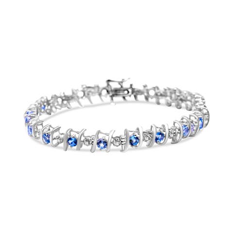 .925 Sterling Silver Lab-Grown Birthstone and 1/6 Cttw Diamond Tennis Bracelet
