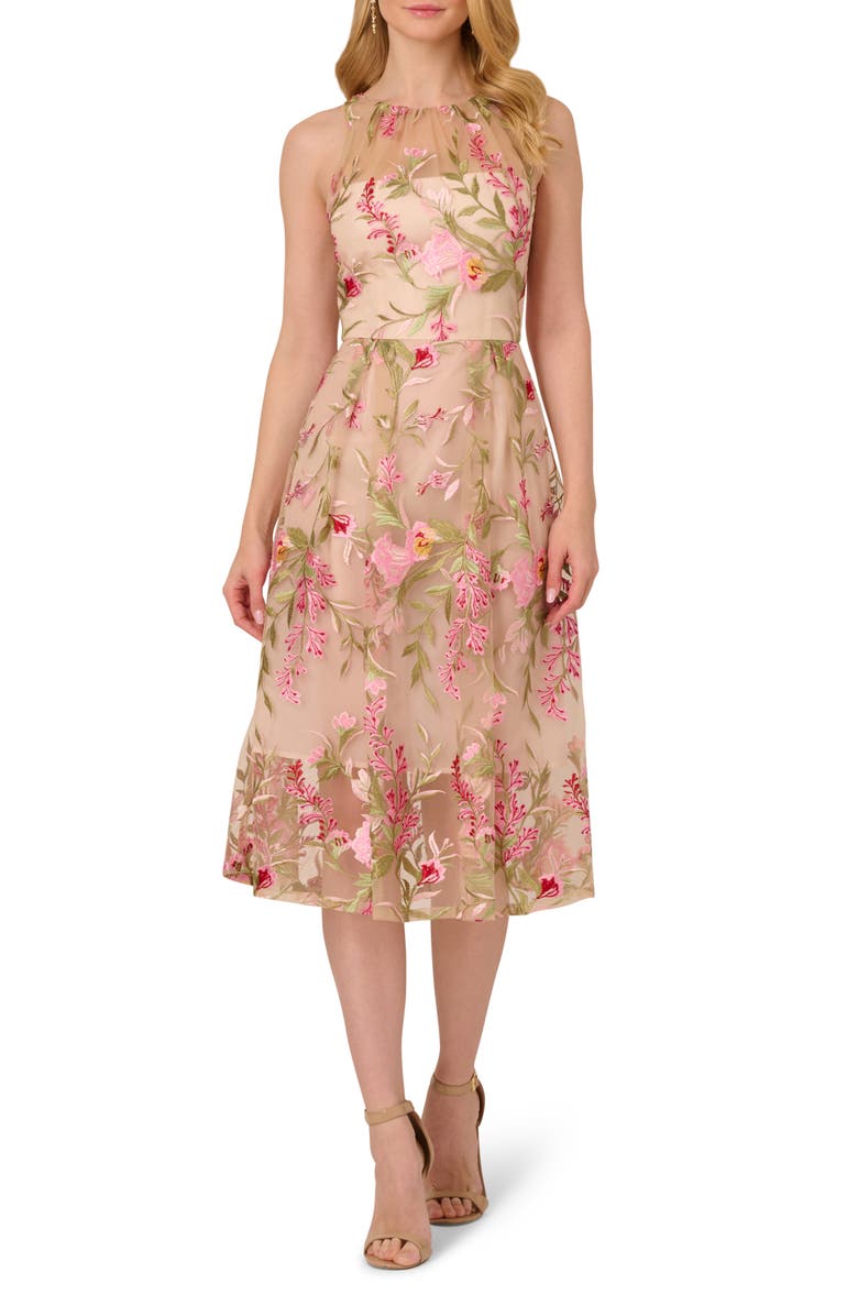 Adrianna Papell Floral Embroidered Sleeveless Fit & Flare Midi Dress, Main, color, 