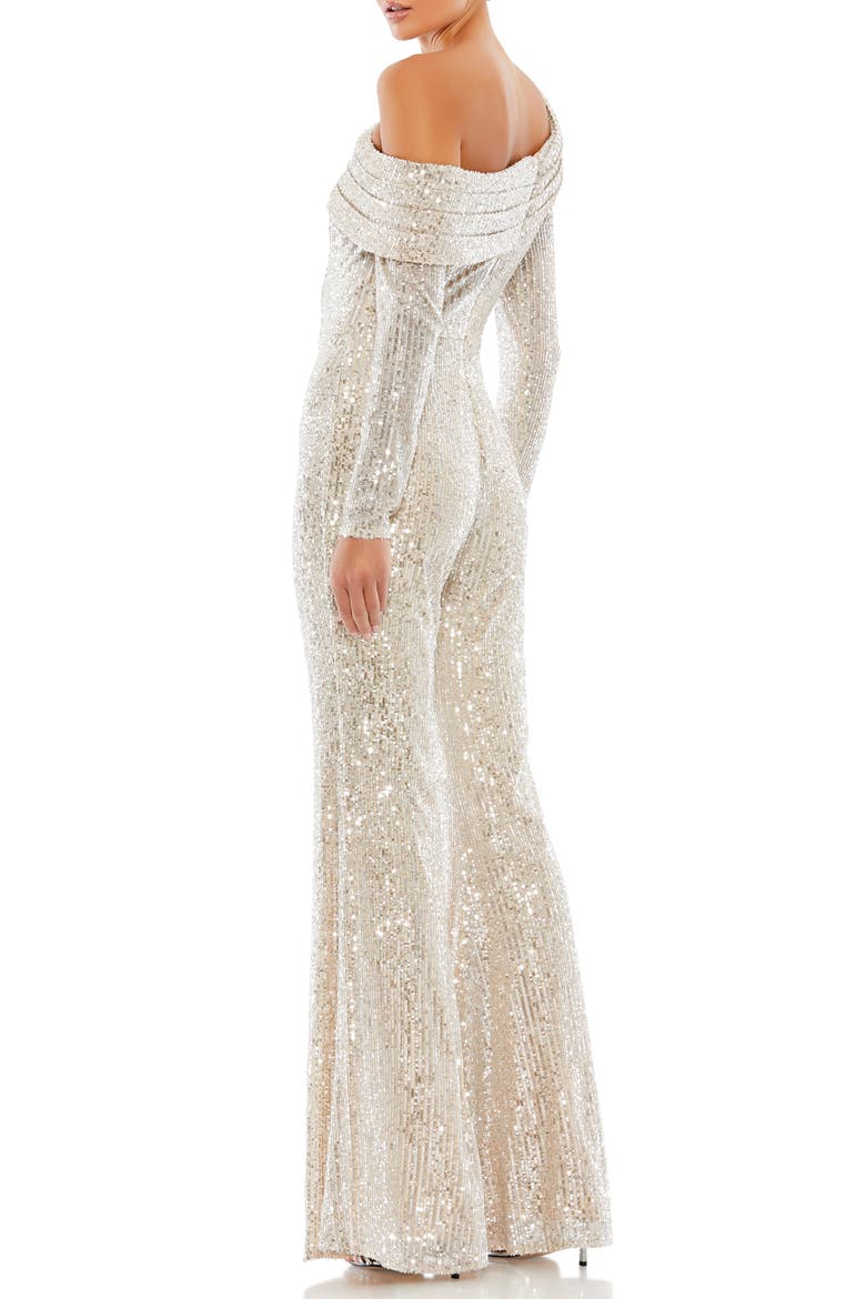 Sequin One-Shoulder Long Sleeve Jumpsuit, Alternate, color, NUDE SILVER