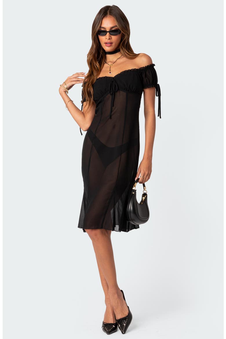 Off the Shoulder Sheer Mesh Dress, Alternate, color, BLACK