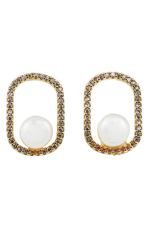Cubic Zirconia Circle Faux Pearl Drop Earrings