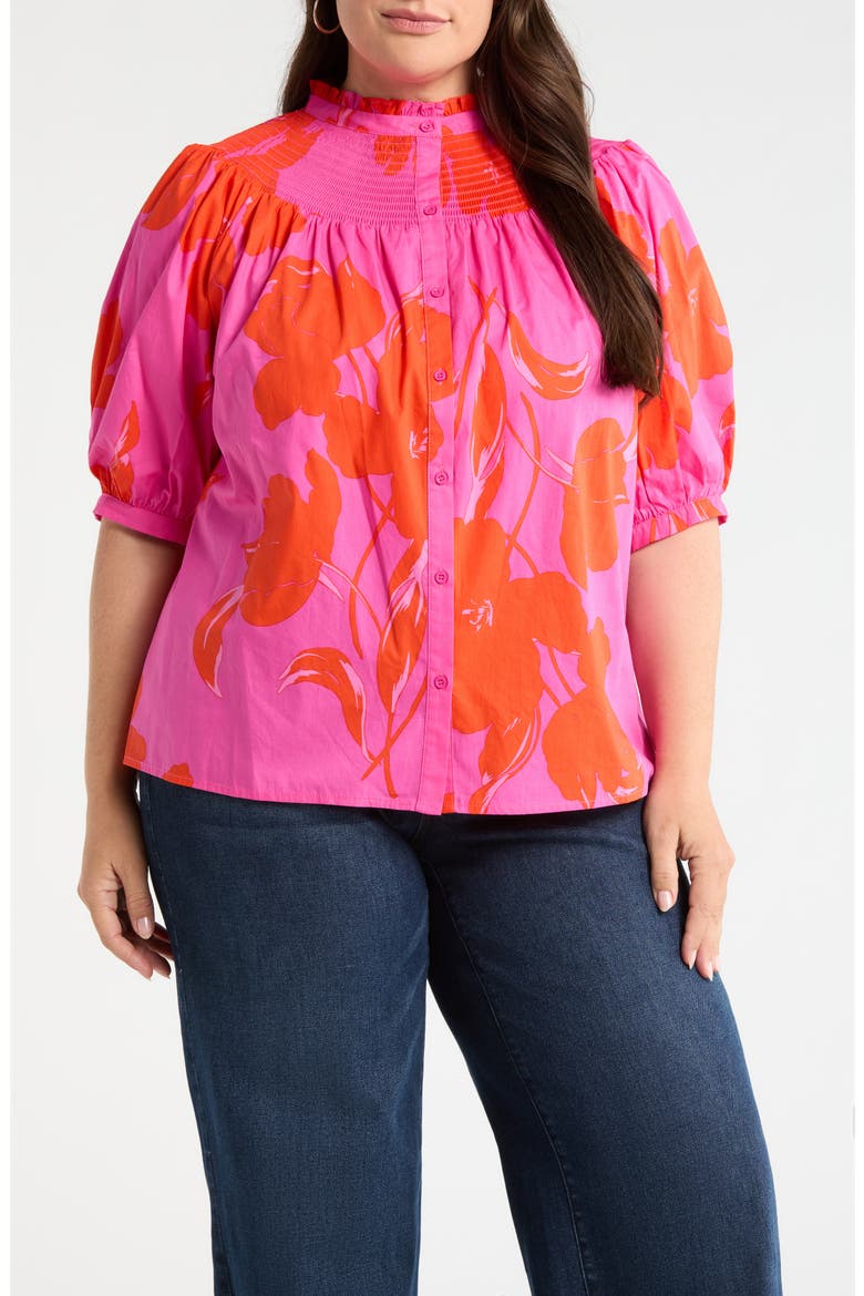 Aurea Floral Blossom Smocked Button-Up Top, Main, color, PINK RED MULTI