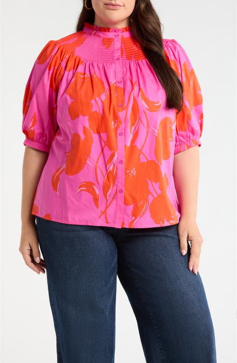 Aurea Floral Blossom Smocked Button-Up Top (Plus)