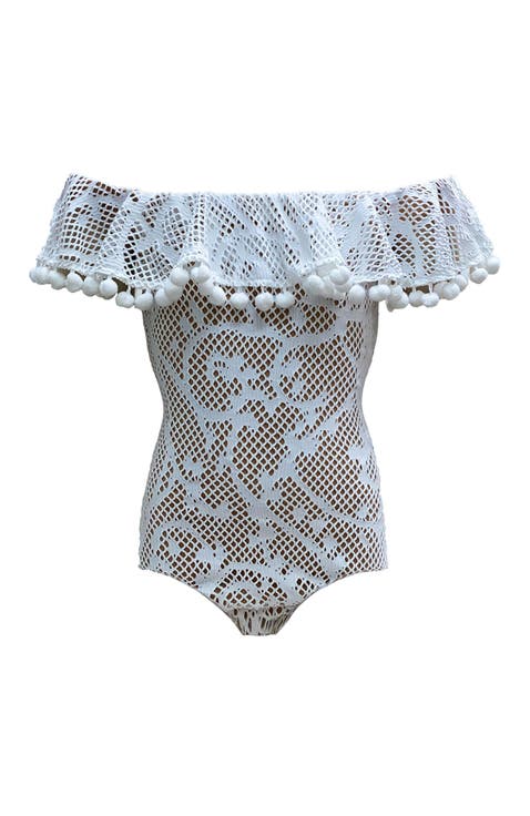 Pom-Pom Trim Crochet One-Piece Swimsuit,Toddler-Little Kid,Big Kid