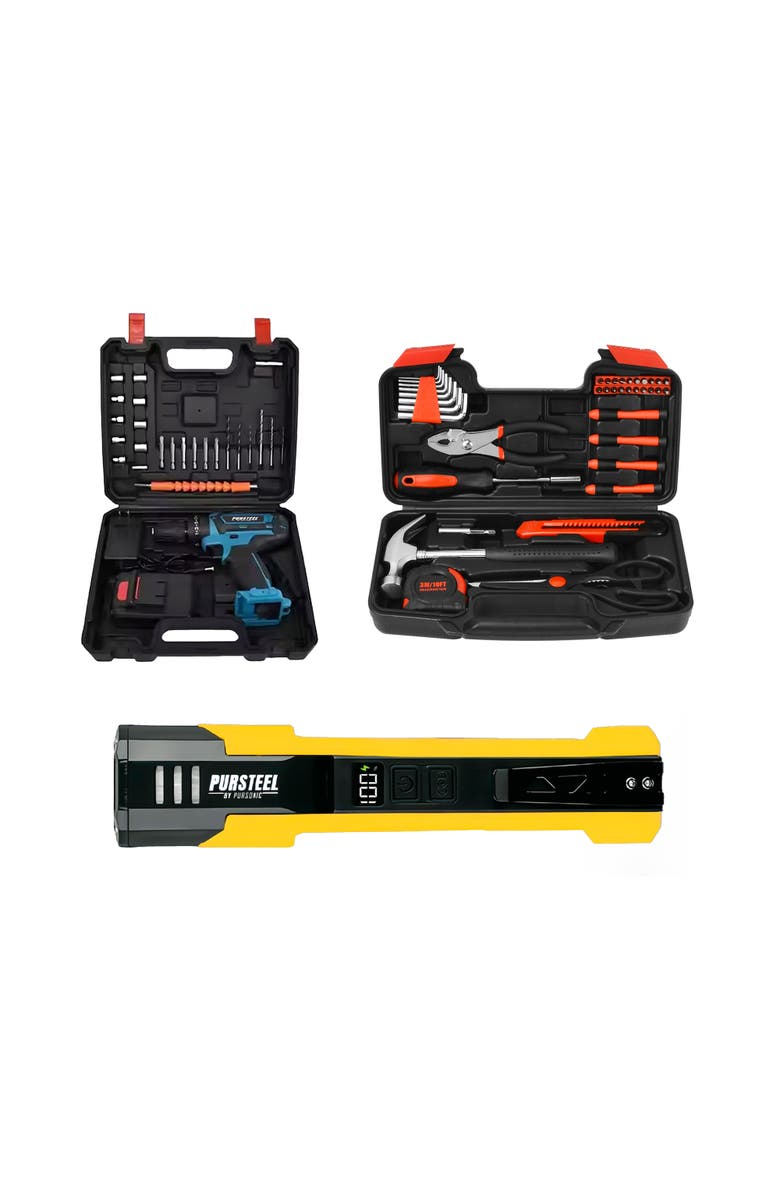 PURSONIC All-in-One Home Project Powerhouse Pursonic 21V Cordless Drill, Handy Solutions 39-Piece Tool Kit, and Ultra Bright Flashlight, Main, color, Black