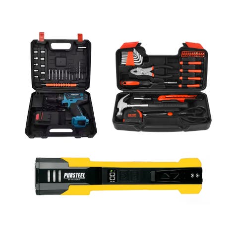 All-in-One Home Project Powerhouse Pursonic 21V Cordless Drill, Handy Solutions 39-Piece Tool Kit, and Ultra Bright Flashlight