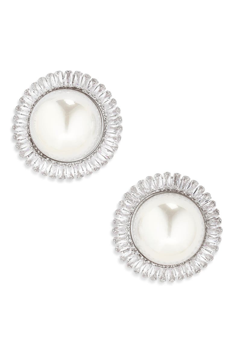 Cubic Zirconia & Faux Pearl Stud Earrings, Main, color, SILVER CZ