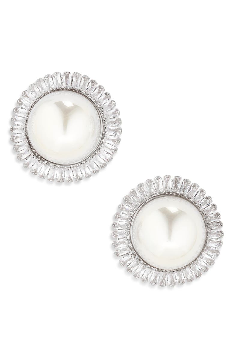 Tasha Cubic Zirconia & Faux Pearl Stud Earrings, Main, color, Silver Cz