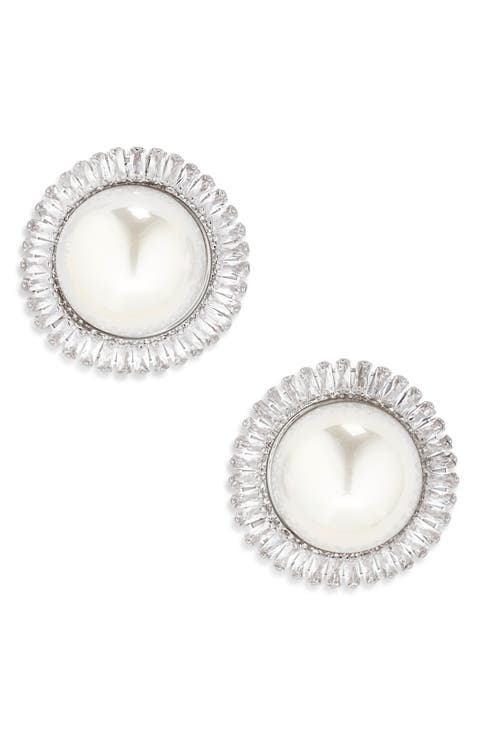 Cubic Zirconia & Faux Pearl Stud Earrings