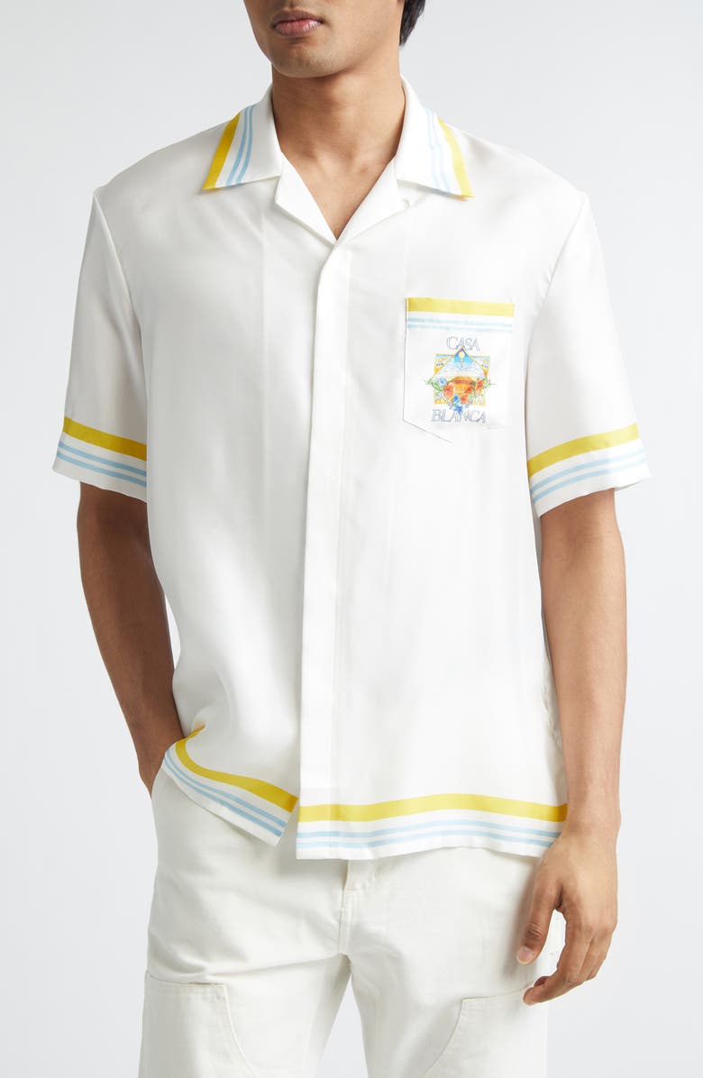 Casablanca Tennis Landscape Print Silk Twill Camp Shirt, Main, color, Silk Twill