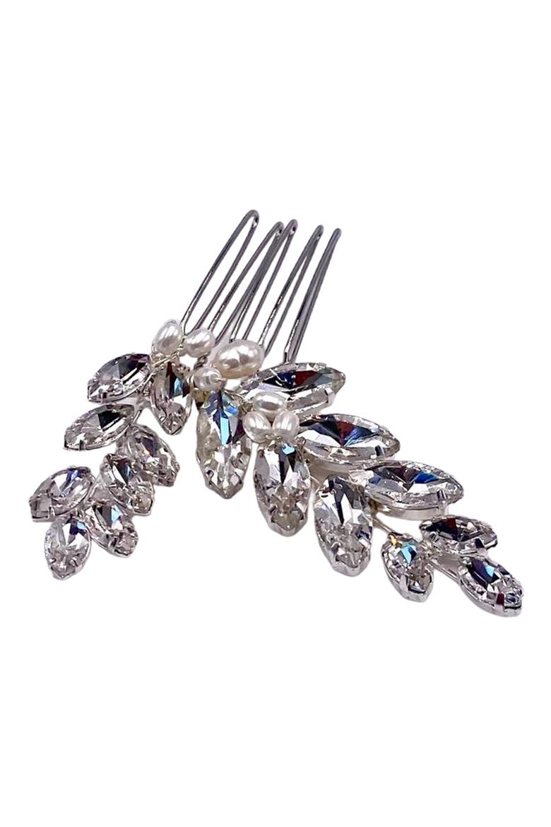 Raquel Crystal & Freshwater Pearl Hair Comb, Main, color, SILVER