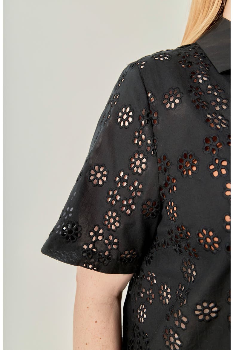 Embroidered Eyelet Cotton Camp Shirt, Alternate, color, BLACK
