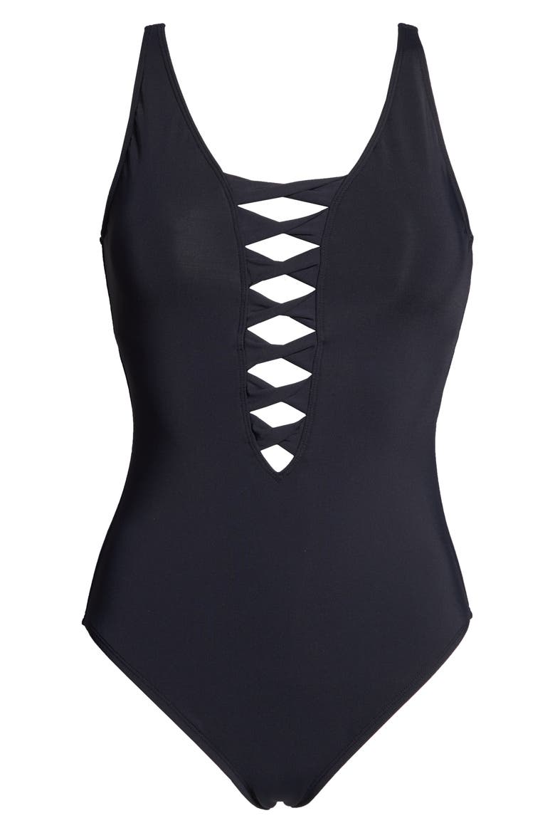 Lace Down One-Piece Swimsuit, Alternate, color, BLACK