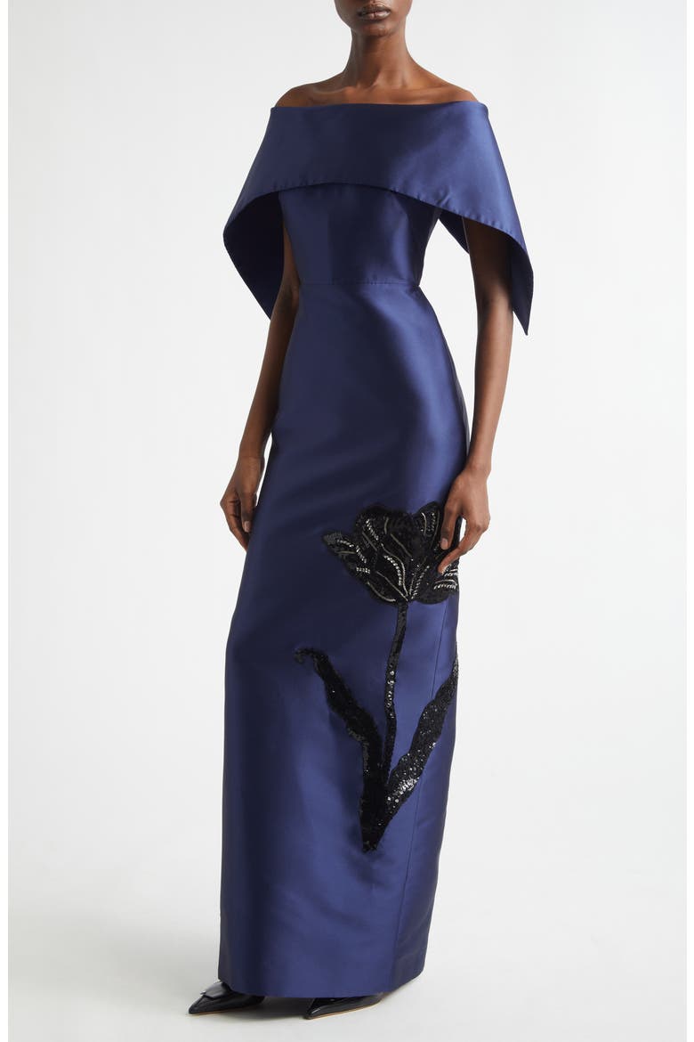 Beaded Off the Shoulder Mikado Column Gown, Alternate, color, BEETLE