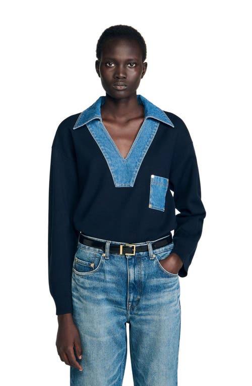 Sandro Womens Navy Blue Denim-detail Relaxed-fit Knitted Jumper In Blue
