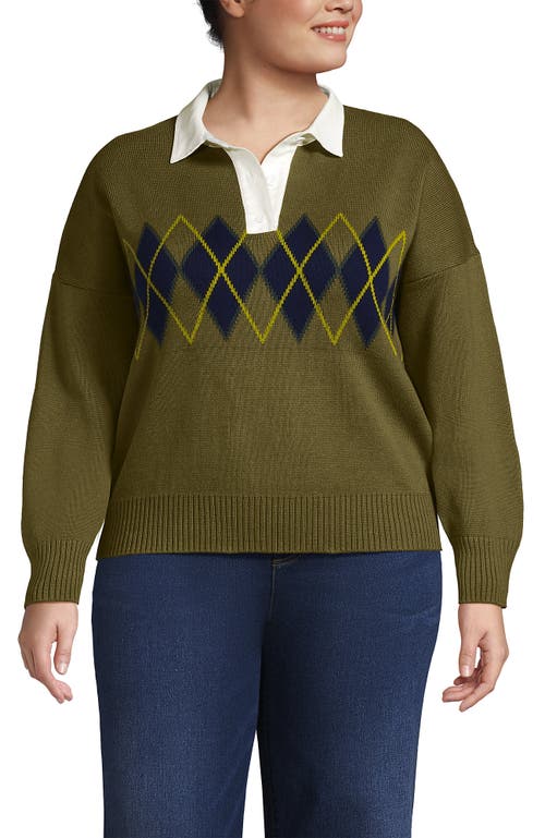 Lands' End Drifter Rugby With Woven Collar Sweater In Green