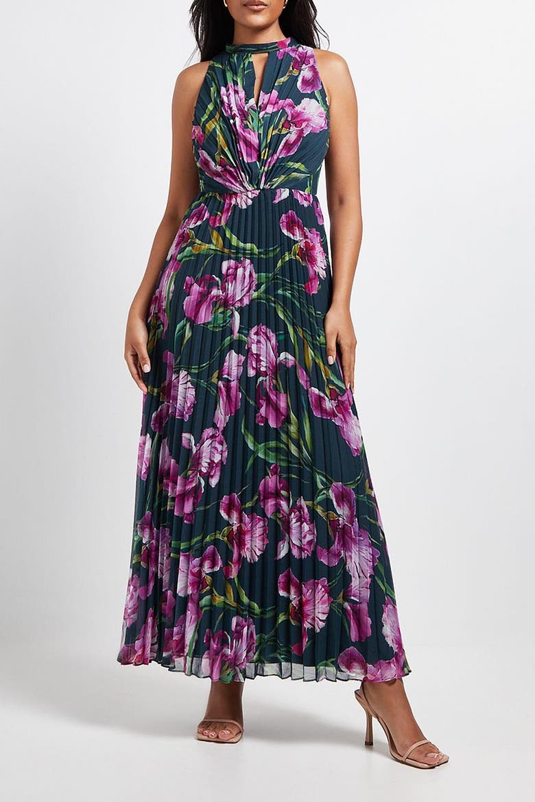 Petite Floral Print Pleated Maxi Dress, Alternate, color, Green