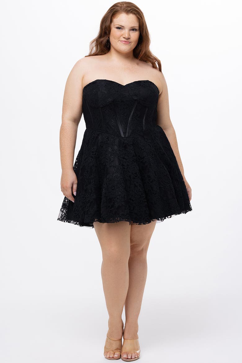Strapless Lace Bustier Plus Size Party Dress, Main, color, Black