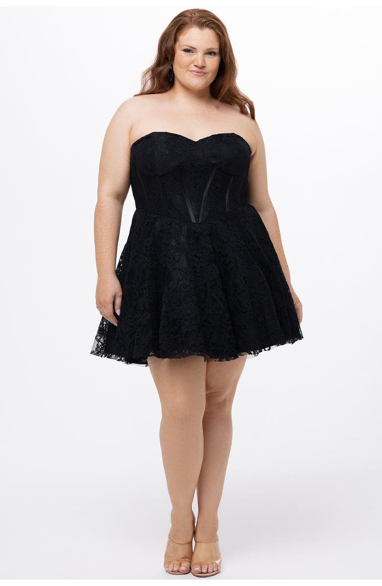 Celebrations by Sydney's Closet Strapless Lace Bustier Plus Size Party Dress, Main, color, Black