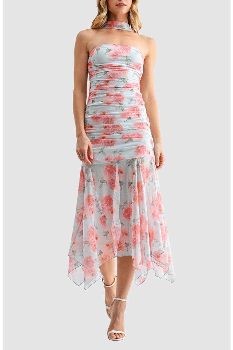 Floral Ruched Drop Waist Midi Dress with Removable Scarf, Main, color, BLUE MAUVE FLORAL