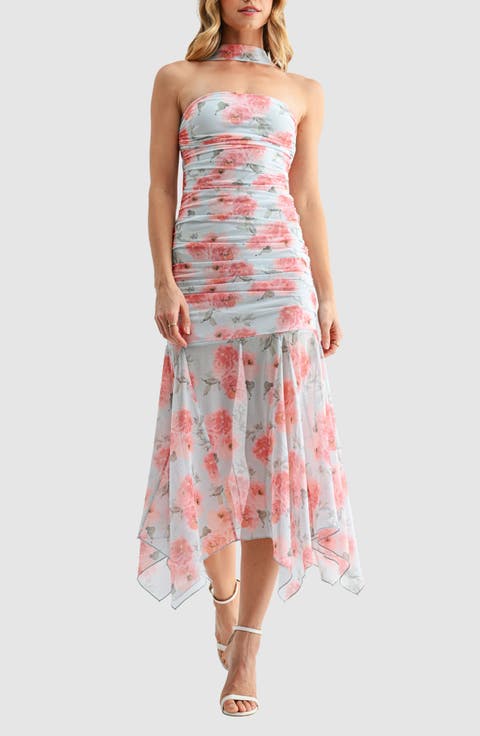 Floral Ruched Drop Waist Midi Dress with Removable Scarf