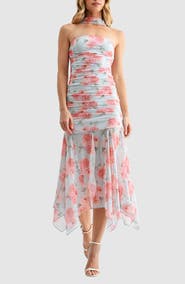 All in Favor Floral Ruched Drop Waist Midi Dress with Removable Scarf