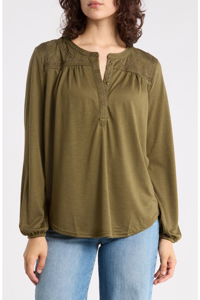 Embroidered Button Front Top, Main, color, OLIVE