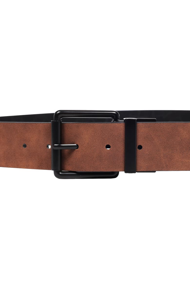 Distressed PU Reversible Belt with Allover Print, Alternate, color, BLACK