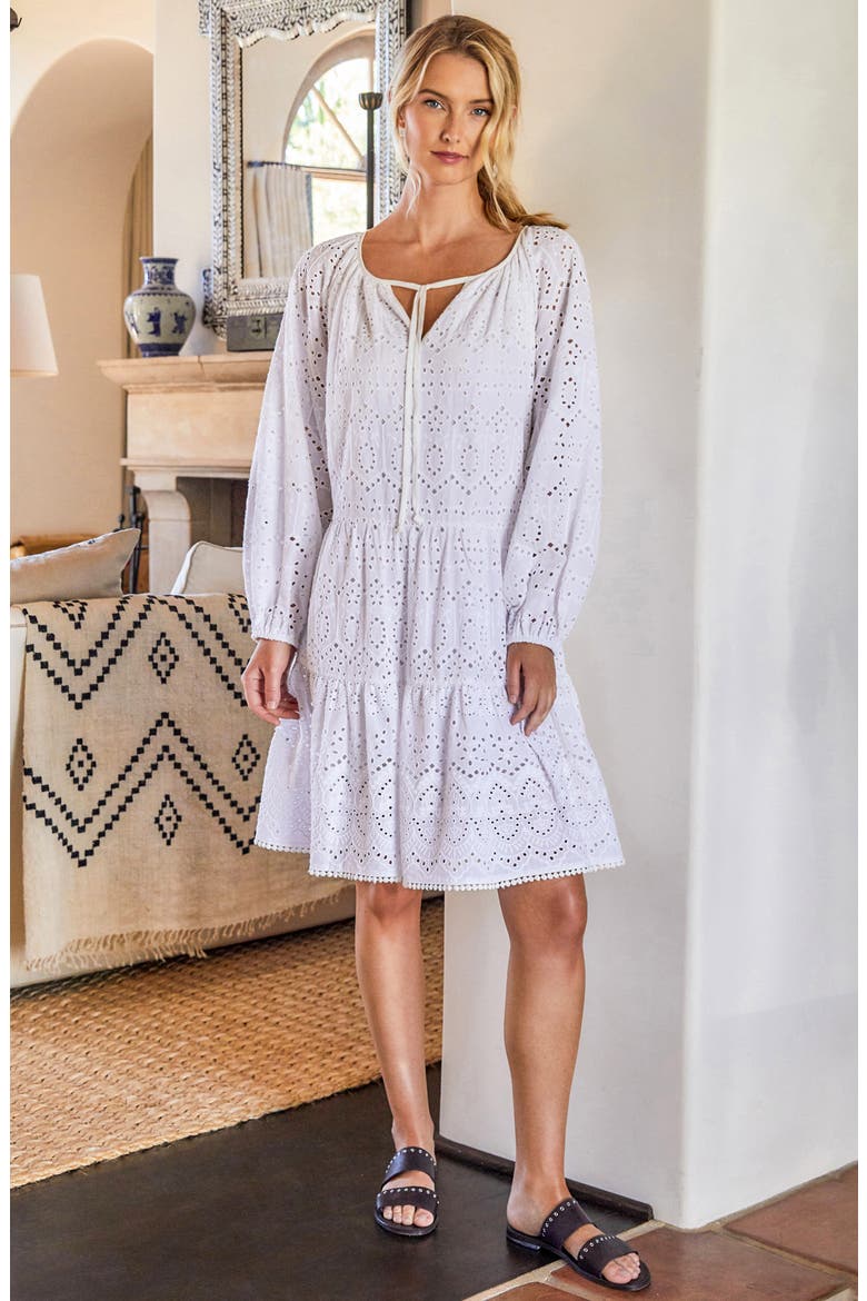 Tiered Long Sleeve Eyelet Dress, Alternate, color, OFF-WHITE