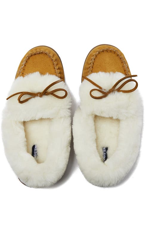 Lands' End Fluffy Lined Indoor Outdoor Moccasin Slippers In English Tan Suede