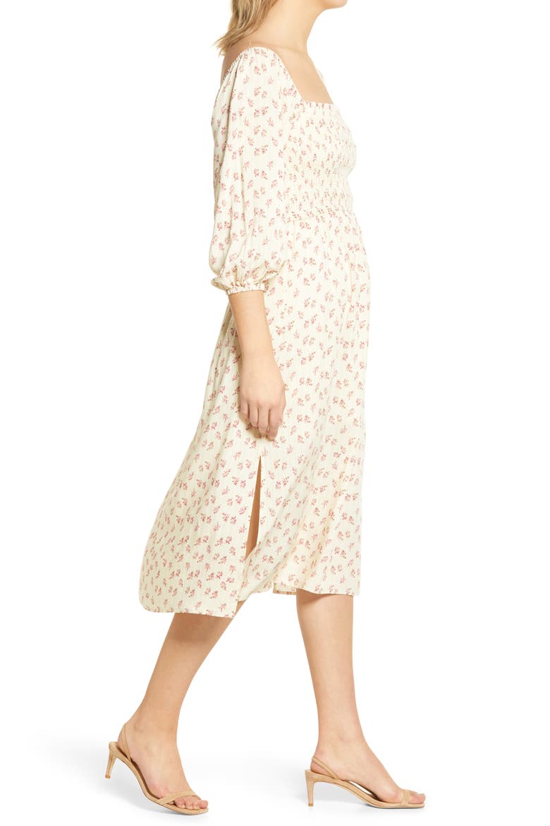 Nevaeh Smocked Midi Dress, Alternate, color, BUTTER WALLPAPER FLORAL