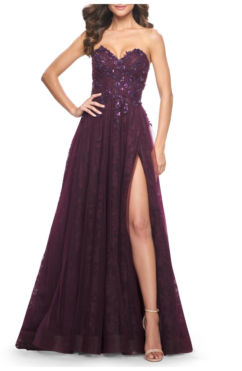 La Femme A-Line Gown with Lace Lining and Beaded Embellishments, Alternate, color, Dark Berry