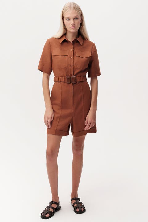 Carole Shirt Collar Belted Linen Jumpsuit
