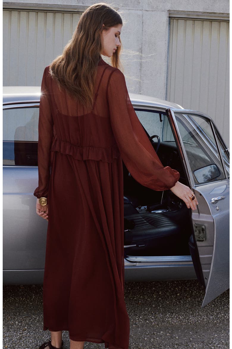 Ruffle Trim Long Sleeve Maxi Dress, Alternate, color, BROWN