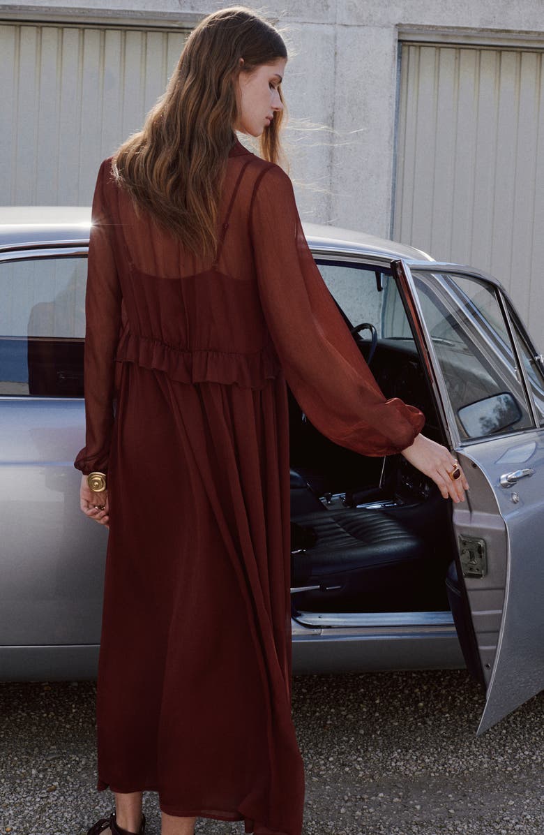 MANGO Ruffle Trim Long Sleeve Maxi Dress, Alternate, color, Brown
