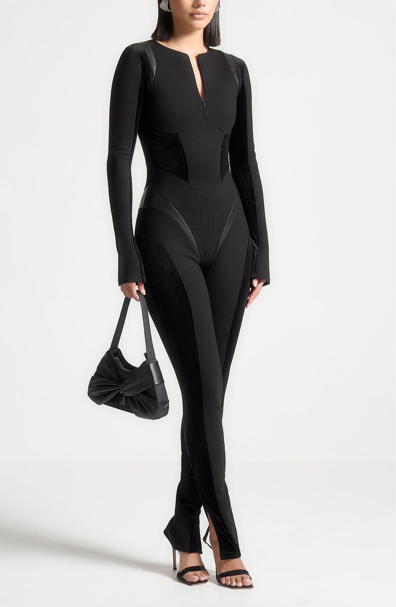 Manière De Voir Leather and Bandage Contour Jumpsuit, Alternate, color, 