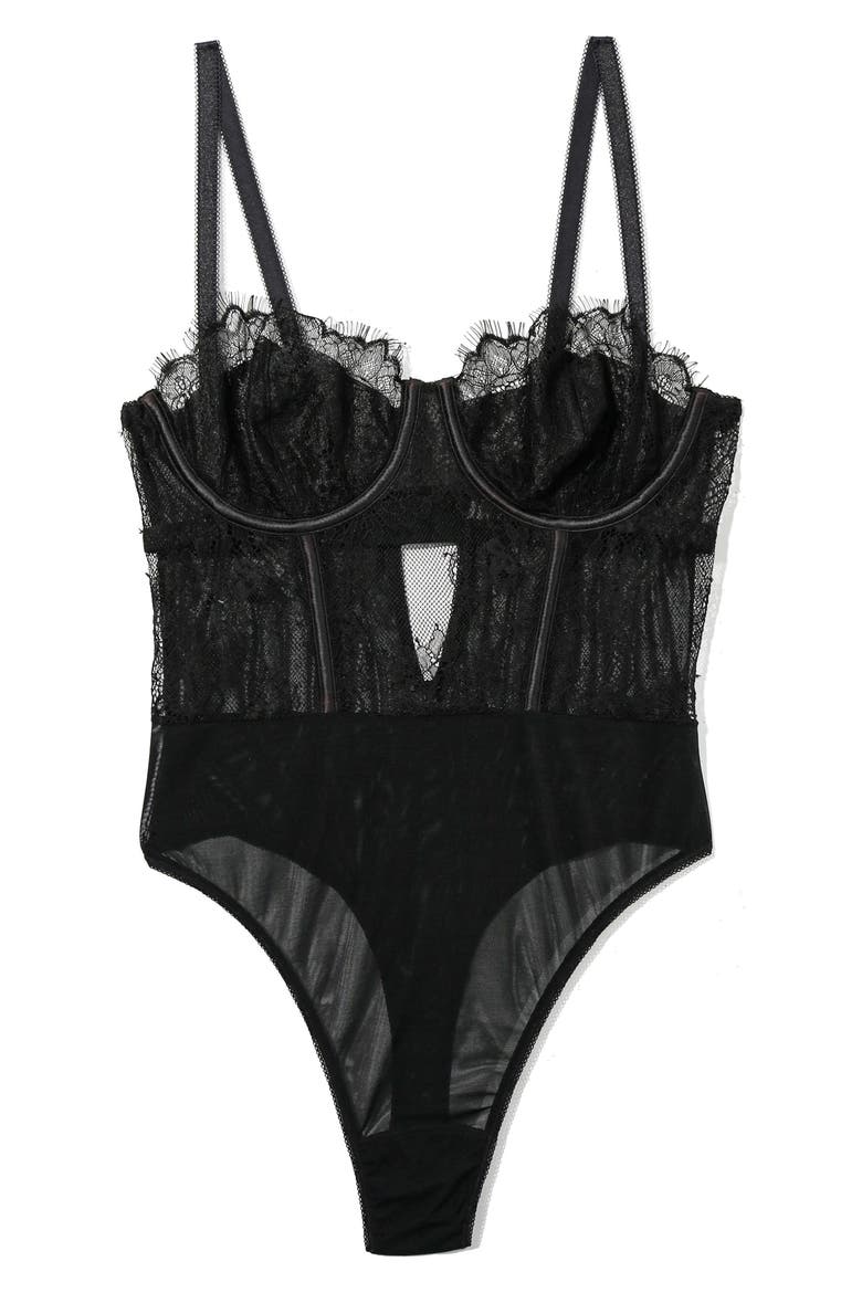 Sheer Seduction Lace Inset Bodysuit, Alternate, color, BLACK