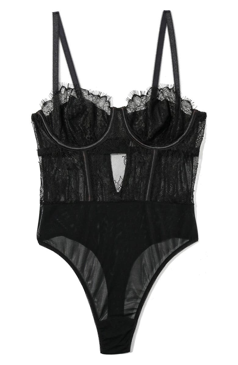 Hanky Panky Sheer Seduction Lace Inset Bodysuit, Alternate, color, Black