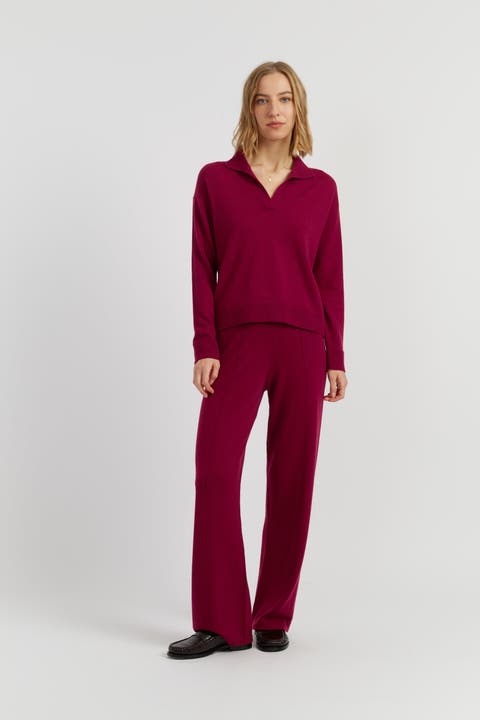 Wool Cashmere Blend V Neck Collared Sweater
