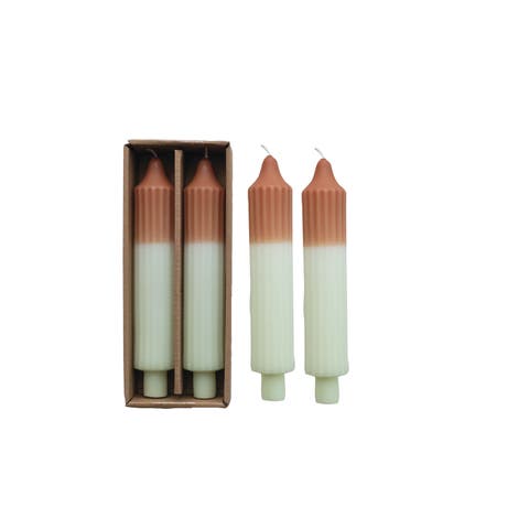 Two-Tone Pleated Taper Candles in Box, Camel Color, Set of 2