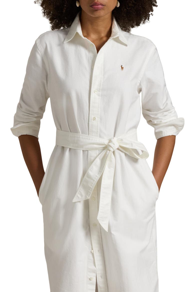 Belted Long Sleeve Cotton Oxford Shirtdress, Alternate, color, WHITE