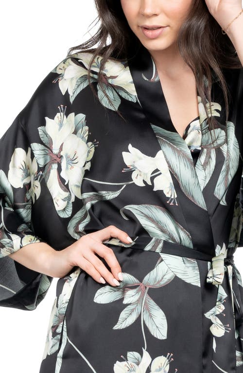 Midnight Bakery Floral Belted Satin Wrap In Black