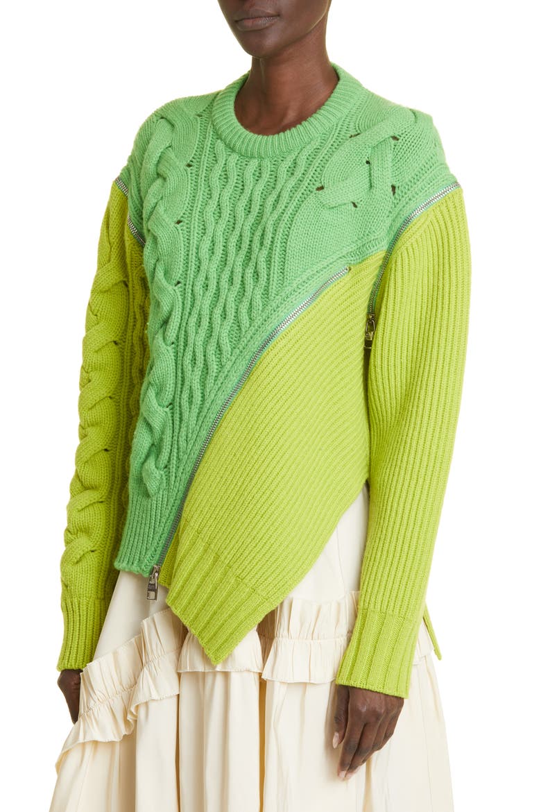 Asymmetric Zip Front Mixed Stitch Wool Sweater, Alternate, color, ACID GREEN/ SAGE GREEN