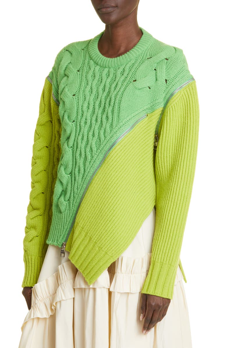 McQueen Asymmetric Zip Front Mixed Stitch Wool Sweater, Alternate, color, 